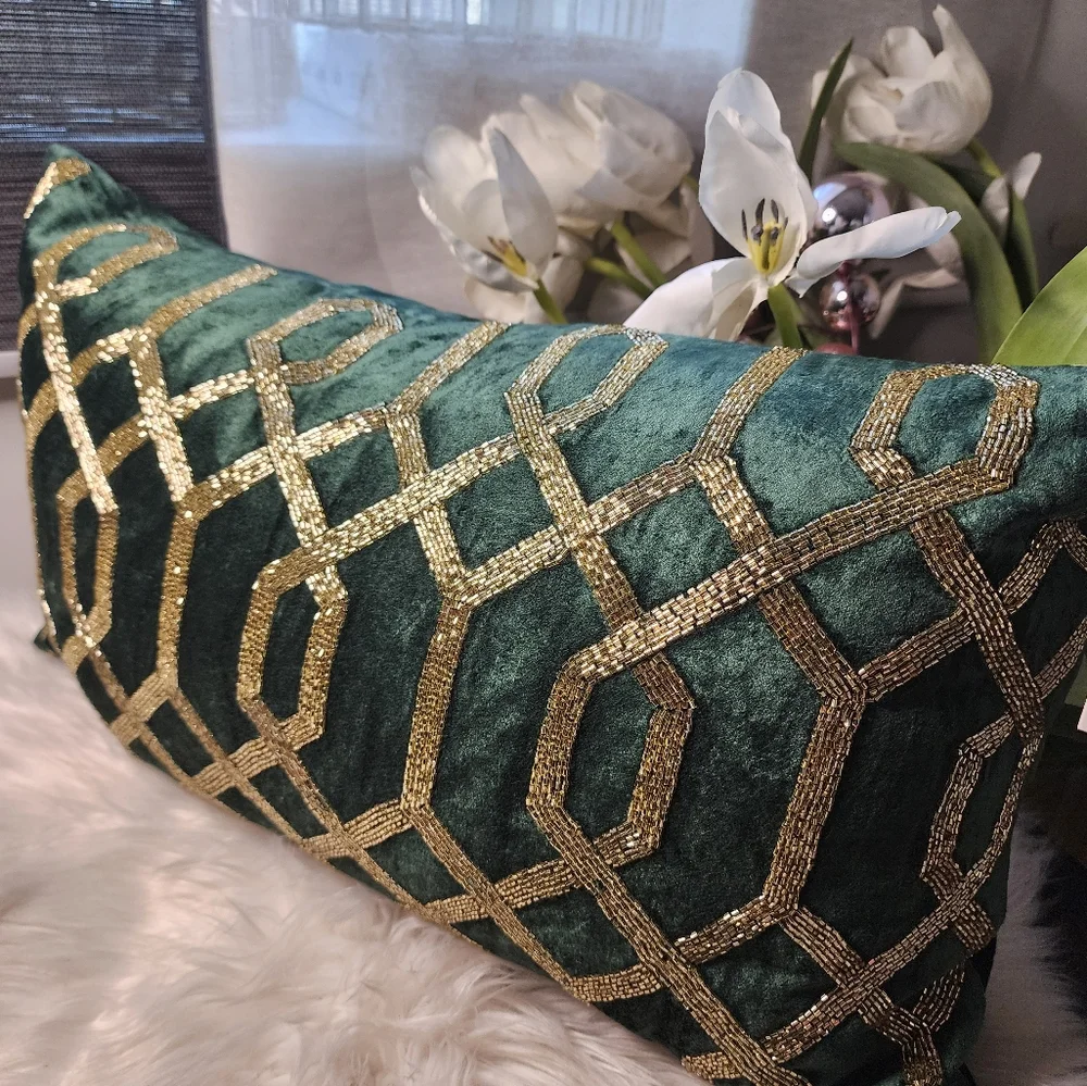 CALLISTO HOME BEADED CALFHAIR HIDE Green FOIL LUMBAR DECORATIVE THROW PILLOW